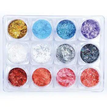 1 Caja de 12 Colores Glitter 3D Ultrafino de Lentejuelas Con 6 Diseño de Copo de nieve de la Cabeza de Mickey Estrella de Cuatro Estrellas Linellae para el Arte de Uñas Decoración