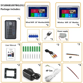 10 pulgadas 2 Monitores Inalámbricos Wifi RFID Contraseña de Video Teléfono de la Puerta del Timbre del Intercomunicador de la Entrada del Sistema con el Cable de CORTE de IR a 1080P con Cable Cam