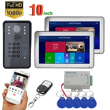 10 pulgadas 2 Monitores Inalámbricos Wifi RFID Contraseña de Video Teléfono de la Puerta del Timbre del Intercomunicador de la Entrada del Sistema con el Cable de CORTE de IR a 1080P con Cable Cam