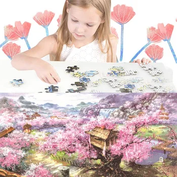 1000 Pc DIY Niños Rompecabezas Educativos Juegos de Puzzle Juguetes Montaje de flores de Cerezo Paisaje Rompecabezas Para Adultos Niños