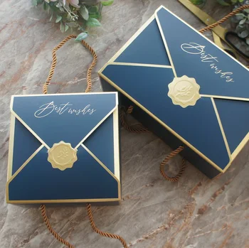 10pcs Envuelven Oro Azul Profundo Mejores deseos con Asa de Cuerda de la Caja de Papel de la Cookie de Macarons Dulces de la Boda de la Fiesta de Cumpleaños Regalos de Embalaje