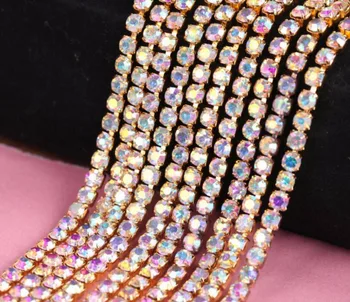 10Yard Crystal AB Bling de la Garra de diamantes de Imitación de Cristal de la Cadena de Gradiente de BRICOLAJE Densa Base de Oro Rhineston de la Cadena de Prenda y Bolsa de la Decoración del Arte