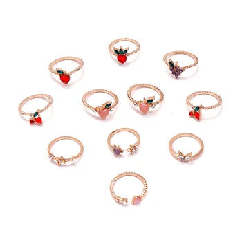 11 anillos con fruta dulce de manzana durazno fresa cereza de la mariposa de copo de nieve de la personalidad de los anillos para mujer regalos de parte