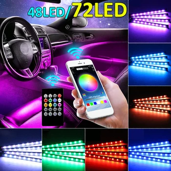 12/18LED 4Pcs CAR Interior de la Atmósfera de la Luz LED RGB Luz de Tira de Tablero de Piso de la Tira del LED, Luz Decorativa de Sonido USB Lámpara de Control Conjunto