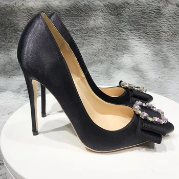 12cm de las bombas de la moda de nueva punta de tacón alto exquisita, elegante y único de tacón de zapatos de las señoras del partido club nocturno de seda negro BM023 ROVICIYA
