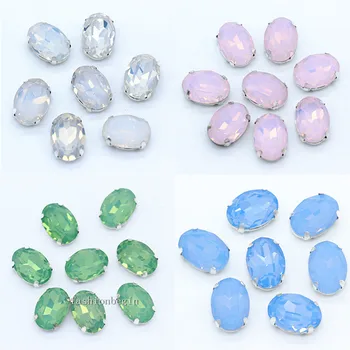 12p 8x10/10x14/13x18mm oval blanco/verde/azul/rosa opal de coser en vaso de cristal joyas de diamantes de imitación de plata de la garra de Vestir fabricación de perlas