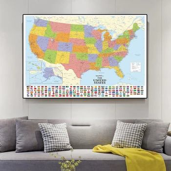 150x100cm No tejida Mapa de Los Estados unidos con Banderas Nacionales Detallado Mapa de América del Vintage de la Imagen de la Cultura de la Educación