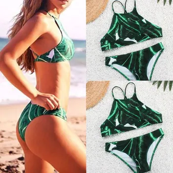 2018 Caliente Floral Sexy de las Mujeres de color Verde de la Hoja de Impresión de trajes de baño Bikini Conjunto Push-up Sujetador Acolchado Vendaje Traje de Baño ropa de playa de brasil