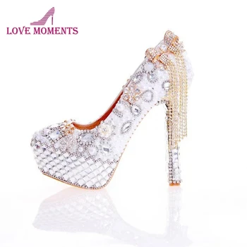 2018 de la Nueva Llegada de las Mujeres Zapatos de Tacón de color Blanco Perla y Cristal de la Boda Zapatos de Vestir con Arco de la Borla de diamante de imitación de Fiesta de Graduación Bombas