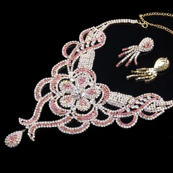 2018 Revestidos de Cristal Conjuntos de Joyas de Novia de Fiesta de la Boda del Collar de los Pendientes de diamantes de imitación de color Rosa Delicado de la Joyería para las Mujeres de Regalo