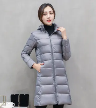 2019 Abajo chaqueta de las mujeres de la nueva luz, la luz brillante y la cara de mediano y largo coreano gran cuello alzado con capucha desmontable capa