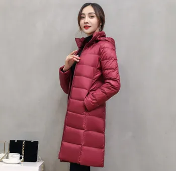 2019 Abajo chaqueta de las mujeres de la nueva luz, la luz brillante y la cara de mediano y largo coreano gran cuello alzado con capucha desmontable capa