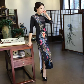2019 de la Moda de Largo Cheongsam estilo Chino Mandarín Cuello Vestido de Mujer Primavera de Terciopelo Qipao Delgado Vestidos de Fiesta Vestido de 3XL 3373
