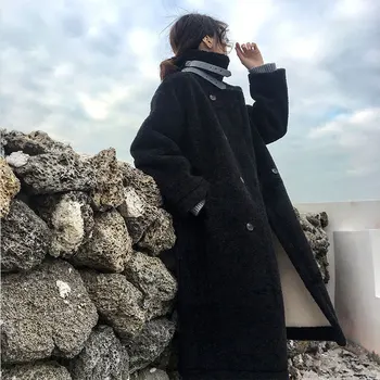 2019 Invierno de las Mujeres de Imitación de Piel Abrigo de Doble Botonadura Abrigo de la Oficina de Damas Suelto Espesar Cálida Lana Larga de Piel Falsa de la chaqueta de la ropa de Abrigo
