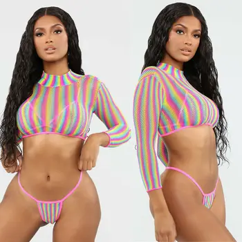 2019 Mujeres Sexy 3PCS Bikini trajes de baño de Playa de Malla de Rejilla de la Cubierta Hasta la parte Superior del Cultivo de Manga Larga Hueco de Cuello Alto de Trajes de Baño 71820