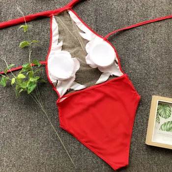 2019 Nueva De Una Sola Pieza Traje De Baño Sexy Roja Flor Impresa De Trajes De Baño De Las Mujeres Del Halter Del Traje De Baño De La Playa Sin Tirantes Del Traje De Baño Femenino
