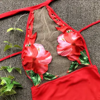 2019 Nueva De Una Sola Pieza Traje De Baño Sexy Roja Flor Impresa De Trajes De Baño De Las Mujeres Del Halter Del Traje De Baño De La Playa Sin Tirantes Del Traje De Baño Femenino