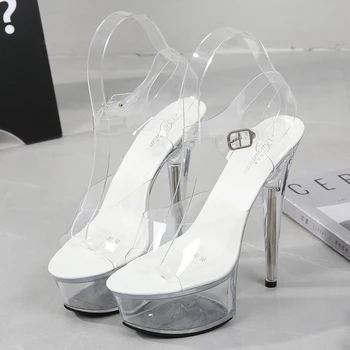 2019 Nueva Mujeres Sexy Tacones de 15 cm de Verano Mujer Transparente de Cristal Zapatos Sandalias de Gran Tamaño 34-43 Fino Tacón de Zapatos de la Boda de V2547