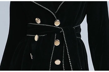 2019 Nueva Temporada Otoño-Invierno De Terciopelo Negro Abrigo De Las Mujeres Collar Con Muescas De Oro De Doble Botonadura Con Cinturón Grueso Cálida Trinchera Outwear