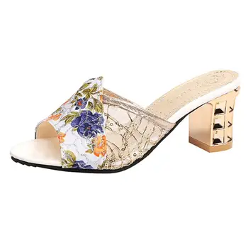 2019 Verano Mujer zapatillas de Oro Open Toe Sandalias de Encaje Zapatos de Vestir de Mujer zapatos de Tacón Alto sandalias de la Plaza de Tacón Bombas de Zapatos de las Señoras