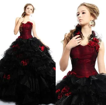 2019 Vintage Gótico de la boda vestidos de Novia de color Rojo y Negro Victoriano Vestido de Bola vestidos de novia Vestido de Ocasión robe de mariee