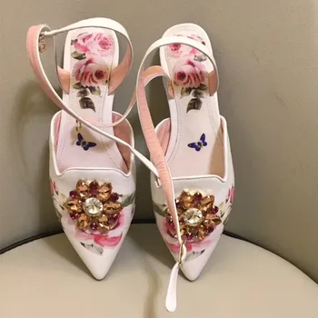 2019 Último Diseñador De Piedras Preciosas Plano De La Flor De Impresión De Dedo Del Pie Puntiagudo Zapatos De Cuero Casual Pisos De Las Mujeres