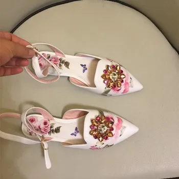 2019 Último Diseñador De Piedras Preciosas Plano De La Flor De Impresión De Dedo Del Pie Puntiagudo Zapatos De Cuero Casual Pisos De Las Mujeres