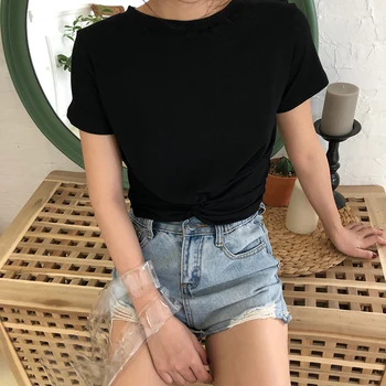 2020 Coreano Nuevo Escrito De Verano Sólido T-Camisas De Las Mujeres Casual O-Cuello De La Moda De Giro Del Nudo Blanco Manga Corta Camisetas