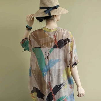 2020 de Artes de Verano de Estilo de las Mujeres de Manga Corta Floja V-cuello de Camisas de la Impresión del Vintage de Algodón Casual Blusas Plus Tamaño de la Femme Blusas M87