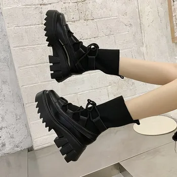 2020 de Invierno de la Mujer de la Moda de Calcetín de Botas Nuevas Botas de Tobillo de Ulzzang Plataforma de Botas de las Mujeres del Dedo del pie Redondo Zapatillas de Mujer Suela Gruesa Botas Negro