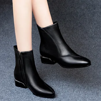 2020 de Invierno de las Mujeres de Tobillo Botas Negro Zapatos de Señora de la Oficina Señaló a Mediados de los Tacones de las Botas de Felpa Caliente botas mujer Otoño Primavera 8746C