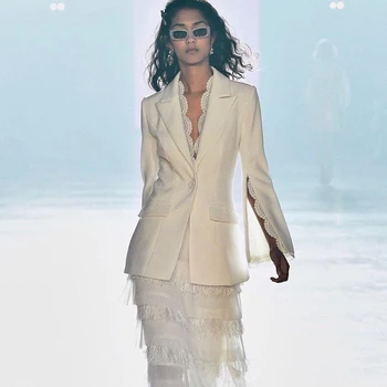2020 de la moda de nueva OL traje blanco de las mujeres de dos piezas sexy de la solapa de encaje escisión abierta de manga larga de un solo botón bolsillo del abrigo y pantalones de traje