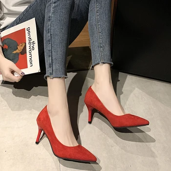 2020 de la Nueva Llegada de corea Concisa Punta del Dedo del pie de la Oficina de Zapatos de las Mujeres de la Moda de Sólidos Rebaño Superficial Tacones Altos Zapatos de las Mujeres