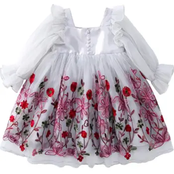 2020 de las Niñas Vestido de Verano de Niños Llenos Bordado Vestido de Princesa de Chidlren Blanco Rosa O Cuello de Malla de Vestidos para Niñas Ropa de Niño