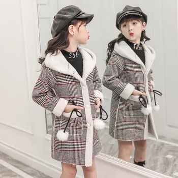 2020 Diseño de Moda Otoño Invierno parka Niña Peluda, ropa de Mucho Abrigo de Lana para los Niños Prendas de vestir exteriores Rejilla de patrón de Collar de ropa de abrigo