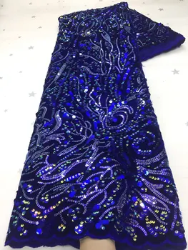 2020 el Último Diseño de Terciopelo Azul de la Tela de Encaje de Alta Calidad de Encaje francés Con Lentejuelas de tela Para el Vestido de Fiesta