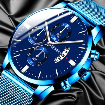2020 Hombres de la Moda de Negocios Calendario Relojes de Lujo Azul Malla de Acero Inoxidable de la Correa Analógico de Cuarzo Reloj relogio masculino 13640