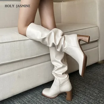 2020 Invierno Nueva de Cuero hasta la Rodilla Botas de pies Cuadrados de Tacón de las Botas de las Mujeres de la Plaza de Talón Occidental Botas Zapatos de Mujer