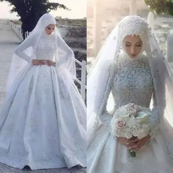 2020 Largo sin Mangas Musulmán Vestido de Novia con el hiyab Colorido de Encaje Apliques de Barrido Tren Vestidos de Novia Vestido De Novia