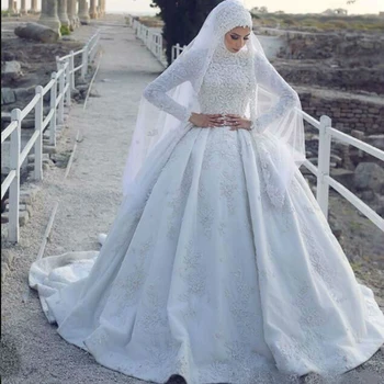 2020 Largo sin Mangas Musulmán Vestido de Novia con el hiyab Colorido de Encaje Apliques de Barrido Tren Vestidos de Novia Vestido De Novia