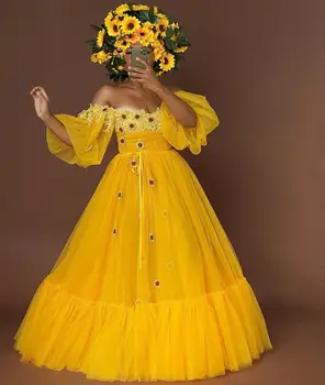 2020 Más Populares de Encaje Y 3D Daisy Apliques Largo de Tul Vestidos de Amarillo El Hombro Puff Manga Vestido de Fiesta de Cumpleaños de Vestidos de