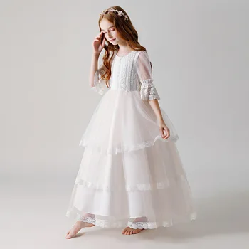 2020 Niñas Vestido Blanco Elegante Dama de honor de Niños Vestidos Para las Niñas de los Niños de Alta-final de la Tarde Vestido de Novia de Princesa 10075