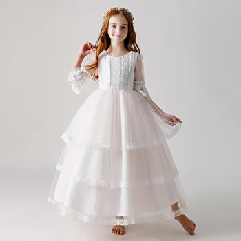2020 Niñas Vestido Blanco Elegante Dama de honor de Niños Vestidos Para las Niñas de los Niños de Alta-final de la Tarde Vestido de Novia de Princesa