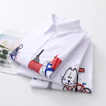 2020 NUEVA Camisa Blanca ropa Casual Botón de Girar hacia Abajo de Collar de Manga Larga Blusa de Algodón Bordado Feminina Venta CALIENTE T8D427M