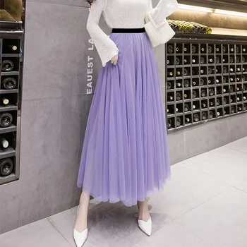 2020 nueva Falda de Verano para las Mujeres 3 Capas de la Princesa de Tul Faldas para Mujer de la Malla Plisada Una línea de Faldas Lady Larga Falda de Tul