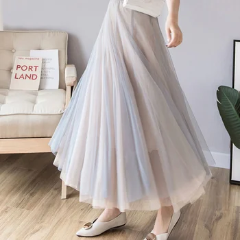 2020 nueva Falda de Verano para las Mujeres 3 Capas de la Princesa de Tul Faldas para Mujer de la Malla Plisada Una línea de Faldas Lady Larga Falda de Tul