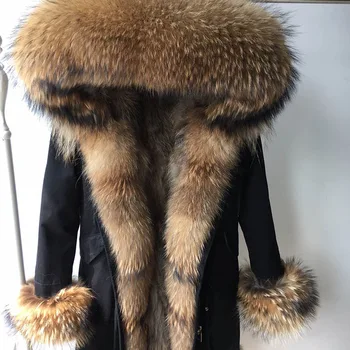 2020 nueva parka larga chaqueta de invierno de las mujeres outwear gruesa parkas mapache natural real cuello de piel abrigo con capucha real cálido forro de piel de zorro
