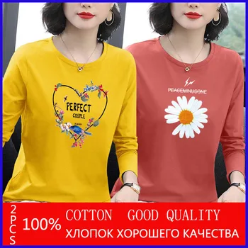 2020 Nuevo Algodón Camiseta de Mujer de la Moda de Primavera O de Cuello de Manga Larga T-shirt de Mujer Estilo coreano Más el Tamaño de la Camisa de la Mujer Camisetas