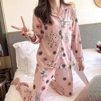 2020 Otoño de las Mujeres Conjuntos de Pijamas con Flor de Impresión de la Moda de Lujo de la Mujer de Imitación de Seda de Dos Piezas Camisetas + Pantalones Camisones Pijamas