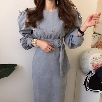 2020 Otoño de puntillas Floral de Pana Larga Vestido de las Mujeres de la Linterna de la Manga O-cuello de las Hojas coreano de la Moda de las Señoras de Lápiz Vestido de Vestidos